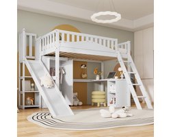 Hoogslaper Kinderbed 90x200 cm met Glijbaan, Tafel en Kledingkast – Modern Stapelbed voor Kinderen, Jongeren en Volwassenen – Hout MDF + Grenen – Veiligheidsroosters EN747 – Medahomestore