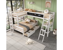 Hoogslaper - kinderbed - driepersoonsbed - met opberglades - stapelbed met bureau en legplank - 140x200cm - 90x200cm - wit - zonder matras