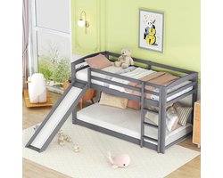Hoogslaper Kinderbed met Glijbaan en Valbescherming - Grijze Massief Houten Frame