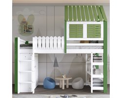 Hoogslaper, kinderbed met valbeveiliging, met dak en raam, veel opbergruimte met kledingkast, open opbergrek met drie lagen, ladder met drie treden, grenen + MDF + multiplex, wit + groen, 90x200