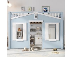 Hoogslaper, kinderbed, ruimte onder het bed voor flexibele inrichting, mooie raamdecoratie, veilige en stabiele ladder, grenen + MDF + multiplex, blauw, 90x200cm