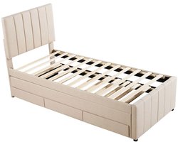 Hoogslaper – Kinderbed – Stapelbed – Zolderbed – Eenpersoonsbed – Linnen Bekleding Licht Beige – Uitschuifbaar Tweelingbed Met Opberglades – MDF En Metaal Frame