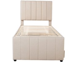 Hoogslaper – Kinderbed – Stapelbed – Zolderbed – Eenpersoonsbed – Linnen Bekleding Licht Beige – Uitschuifbaar Tweelingbed Met Opberglades – MDF En Metaal Frame