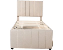 Hoogslaper – Kinderbed – Stapelbed – Zolderbed – Eenpersoonsbed – Linnen Bekleding Licht Beige – Uitschuifbaar Tweelingbed Met Opberglades – MDF En Metaal Frame