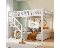 Hoogslaper Kinderen - Stapelbed Jongens Meisjes - Ruimtebesparend Slapen - Met Opbergtrap - 140 x 200 - Wit