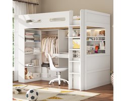 Hoogslaper Met Bureau – 90 x 200 cm – Hout En MDF – Wit – Lade, Legplanken, Kledingkast, Led En Usb