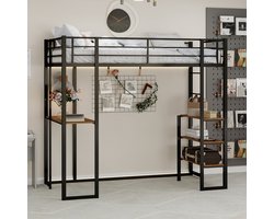 Hoogslaper met Bureau 90x190 cm - Opbergruimte - Leerplek - Trap - Leuning - Zwart - Metaal - Stevig - Duurzaam