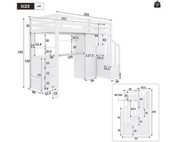 Hoogslaper met Bureau, Kledingkast en Opbergruimte 251x94x165 cm – Kinder Hoogslaper 90x200 cm met Bureau, Lades, Planken en Ladder – Ruimtebesparend Multifunctioneel Bed van Grenenhout – Wit – Abkantoor