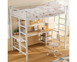 Hoogslaper met bureau - Stapelbed met opbergruimte - Ruimtebesparend slapen en werken - Geïntegreerde planken en bureau