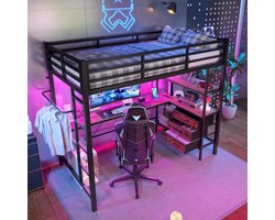 Hoogslaper met bureau - Stapelbed met werkplek - Ruimte Besparen - Geïntegreerd bureau en opslag - 90x200 cm - Zwart