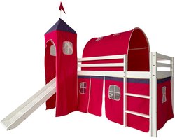 Hoogslaper met glijbaan en tent 90x190 cm Kinderbed (zonder matras), wit grenenhout en kunststof, speelbed met ladder en katoenen tent in kasteelstijl