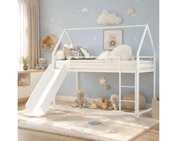 Hoogslaper – Met Glijbaan En Trap – 90 X 190 Cm – Metaal – Wit – Kinderbed Met Huisvormig Bedframe