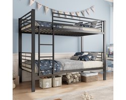 Hoogslaper Metaal 90x200 cm - Stapelbed Ombouwbaar Naar 2 Eenpersoonsbedden Met Leider Links/Rechts Zwart