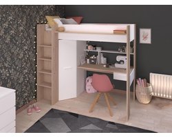 Hoogslaper Noaahome “Auckland Loft” – Kinder- en Jongenskamer Bed 90x200 cm – Wit & Natuurlijk Hout – Inclusief Bureau, Schuifkast en 3 Kledingkasten – Gemelamineerd Houten Frame – Met Lattenbodem – Ruimtebesparend & Functioneel