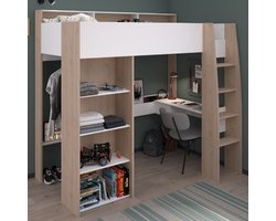 Hoogslaper Shelby 90x200cm met bureau - wit/eik - Parisot - Back to School - Wit; Bruin - Spaanplaat - Back to School - Eenpersoons - Hoogslaper - Op voorraad