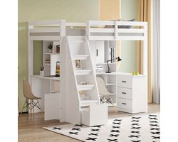 Hoogslaper – Stapelbed – Bedbank – Kinderbed – Eenpersoonsbed – Met Bureau en Opbergruimte – Stevig Wit Frame – 200 cm Hoog