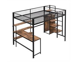 Hoogslaper – Stapelbed – Bedbank – Mezzanine Bed – Bed met Kast – Zwart + Bruin – 140x200 cm – Met Stabiel Metalen Frame