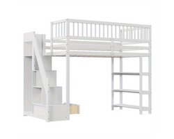 Hoogslaper – Stapelbed – Eenpersoonsbed – Kinderbed – Bed met Opbergruimte – 90 x 200 cm – Veiligheidsladder – Witte Multifunctionele Hoogslaper met Kast en Planken
