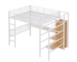 Hoogslaper – Stapelbed – Kinderbed – Eenpersoonsbed – Meubel – Met Bureau en Open Kledingrek – 140x200 cm – Wit Metaal – Stevig Frame & Ruime Opbergruimte