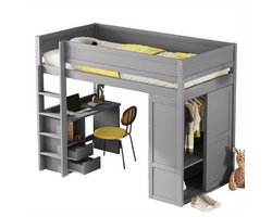 Hoogslaper – Stapelbed – Kinderbed – Eenpersoonsbed – Meubelbed – Ruimtebesparend Design – Stevige Niet-Houten Constructie – Inclusief Kledingkast, Bureau en Lade – Neutraal Grijs – Eenvoudige Montage