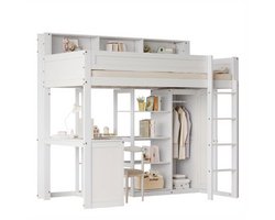Hoogslaper – Stapelbed – Kinderbed – Eenpersoonsbed – Multifunctioneel Bed – Ingebouwd Bureau & Kledingkast – Ruimtebesparend Ontwerp – Stevig Wit Hout 90x200 cm