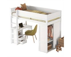 Hoogslaper – Stapelbed – Kinderbed – Eenpersoonsbed – Opbergbed – Ruimtebesparend – Met Kledingkast & Bureau – Duurzame Lichtgewicht Constructie – Modern Minimalistisch Wit Design