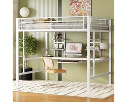 Hoogslaper – Stapelbed – Ligbed – Bed met Bureau – Bed met Planken – Stevig Metaalframe – Ruimtebesparend Ontwerp – 140x200 cm – Wit