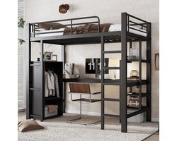 Hoogslaper - stapelbed - met bureau en kledingkast - ladder met vijf treden - zwart - 90x200cm - zonder matras
