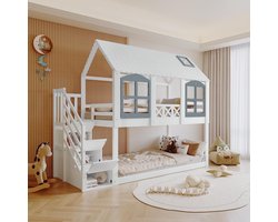 Hoogslaper Stapelbed voor Kinderen 90 x 200 cm met Opbergruimte en Valbeveiliging