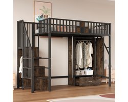 Hoogslaper van metaal 90 x 200 cm met opvallend leuningdesign van hout en metalen gaas, compleet met grote kledingkast, lades en opbergladder, zwart