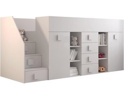 Hoogslaper voor Kinderen met Bureau en Opbergruimte - Multifunctioneel Stapelbed met Kledingkast, Planken en Laden