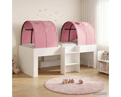 Hoogslaper voor kinderen met tunnel 3 STK. Wit & roze, stapelbed, houtmateriaal, stabiel, 120kg, slaapkamer, speelkamer, kinderkamer, glijbaan, gordijn, avontuurbed, jongens, meisjes