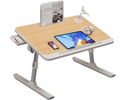 Hoogte Verstelbare Opklapbare Bedtafel - Multifunctionele Laptop Tafel Met Lade, Boekenplank, Stoprand En USB - Houtkleur 60×40 cm (Inclusief Lamp + Ventilator)