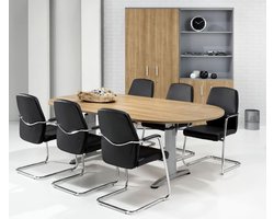 Hoogte verstelbare ovale t-poot vergadertafel Work breed 240CM diep 120CM bladkleur Licht Eiken framekleur Wit (RAL9010)