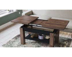 Hoogte Verstelbare Salontafel 110 x 68 cm – Lift Top Koffietafel met Plank & Uitschuifbaar Blad – Multifunctionele Woonkamertafel / Eettafel – Bruin Eiken + Zwart – Pauwhome