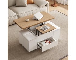 Hoogte verstelbare salontafel uittrekbaar 3-in-1 met opbergruimte 100 x 50/100 x 48-64,5 cm – salontafel eettafel werktafel wit/naturel – Pauwhome