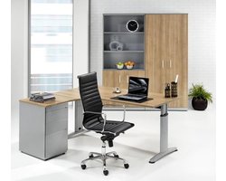 Hoogte verstelbare t-poot wingbureau work breed 180cm diep 120cm bladkleur licht eiken framekleur antraciet (ral 7016) wingzijde links