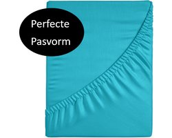 Hoogwaardig katoen geweven hoeslaken turqoise - 90x200 (eenpersoons) - luxe kwaliteit - zacht en optimaal ademend - perfecte pasvorm