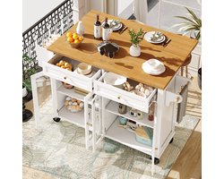 Hoogwaardig keukeneiland met wielen en glazen deuren, multifunctionele serveerwagen met houtnerf afwerking en ruime opbergruimte, verrijdbaar Dressoir, keukentrolley voor eetkamer, woonkamer, keuken, wit