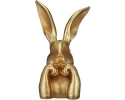 Hoogwaardige grote gouden paashaas tafeldecoratie van hars, denkende paashaasfiguur voor tafeldecoratie thuis, schattig gouden konijnenbeeldje voor lentedecoratie in de woonkamer, op een plank of schoorsteenmantel.