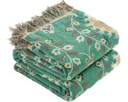 HOORDRY Dubbelzijdige Boho Bedsprei met Franjes, 230x250CM, 100% Katoen Geweven Deken Bankdeken Woonkamerdeken Omkeerbare Deken Knuffeldeken Bankdeken Fauteuildeken met Patroon, Zonnebloemen, Groen/Beige