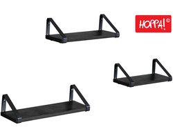 Hoppa! 3 Wandplanken - Zwart - Metaal - 40/35/30 x 12 x 11 cm (L x D x H)
