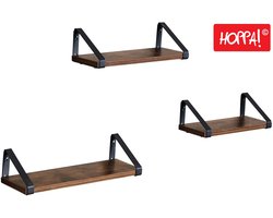 Hoppa! 3 Wandplanken - Zwart/Bruin - Metaal - 40/35/30 x 12 x 11 cm (L x D x H)