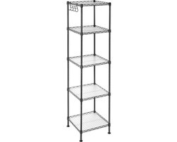 Hoppa! Badkamerrek | Metalen Staand Rek | Robuust | Tot 100 kg Belastbaar | Met 5 PP-Platen | Met Uitneembare Haken | 30 x 30 x 123,5 cm (BxDxH) | Uitschuifbaar | Voor Kleine Ruimtes | Zwart