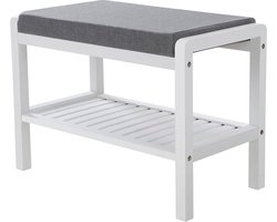 Hoppa! Bamboe zitbank schoenenkast met zitkussen schoenenrek schoenenbank met 2 planken voor woonkamer, slaapkamer, hal, hal 60 x 43 x 32 cm (B x H x D) wit en grijs