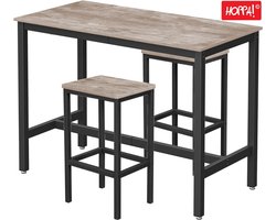 Hoppa! Bartafel- en barkrukkenset | Greywash en zwart | Bartafel 120×60×90 cm, 2 barkrukken 30×40×65 cm (L×B×H)