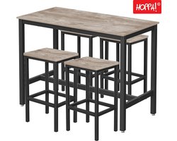 Hoppa! Bartafel- en barkrukkenset | Greywash en zwart | Bartafel 120×60×90 cm, 4 barkrukken 30×40×65 cm (L×B×H)