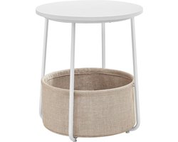 Hoppa! - Bijzettafel - Ronde bijzettafel met stoffen mand, ruim, moderne stijl, wit en beige LET223W10