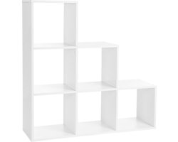 Hoppa! boekenkast, trappenrek met 6 vakken, 6 dobbelstenen, tentoonstelling van hout, vrijstaand rek, ruimteverdeler, 97,5 x 97,5 x 29 cm, wit