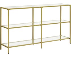 Hoppa! consoletafel. haltafel. 3 niveaus. bijzettafel. legplanken van gehard glas. 130 x 30 x 73 cm. metalen frame. goudkleurig